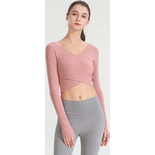 2021 Women Long Sleeve Yoga Shirts Sport Top Sexy V-neck High Elastic Soft Fitness Gym Crop Tops Sports Shirt Autumn Female