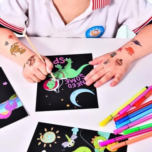 1Set Magic Color Rainbow Dinosaur Cartoon Scratch Art Painting Paper Card Kit Drawing Stick Kids DIY Drawing Toys