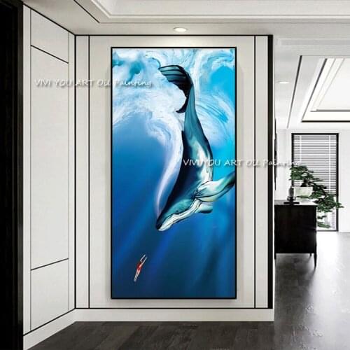 100% Handmade Abstract Picture Blue Sea Whale Dolphin Oil Painting On Canvas For Room Decor Modern Home Decoration Drawing