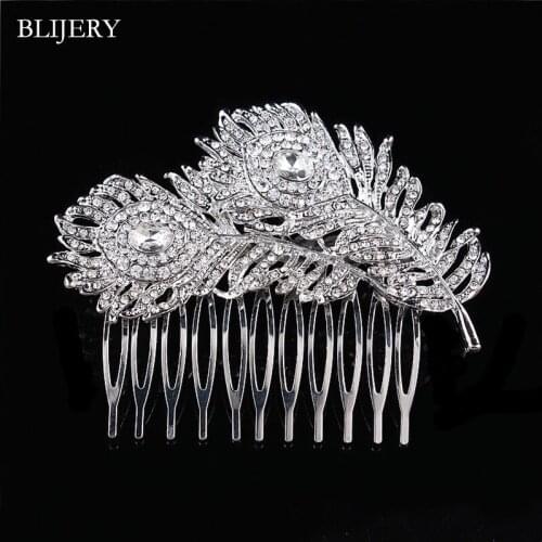 BLIJERY Vintage Wedding Bridal Hair Combs Silver Color Crystal Peacock Feather Shape Wedding Hair Accessories Women Hair Jewelry