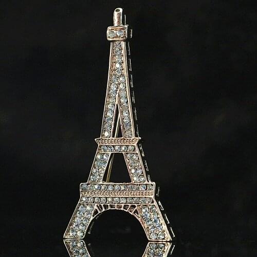 Beautiful Fashion Bohemia New Gold-color Paris Eiffel Tower Brooch White Rhinestone Crystal Love Woman Gift Pin Jewelry B1220