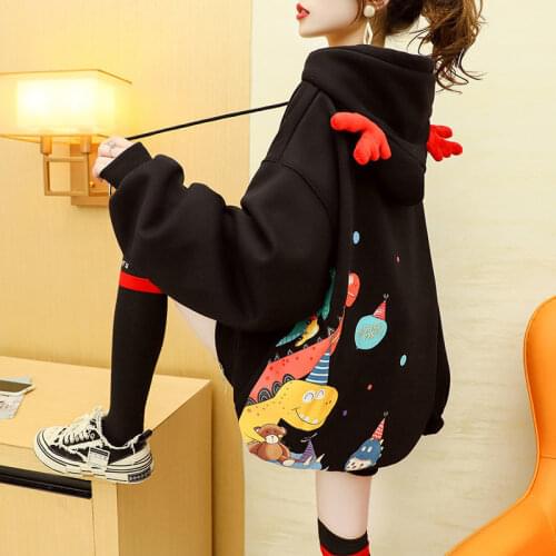 Black Cute Dinosaur Hoodies Kawaii Autumn Sweatshirt Tops Loose Spring Harajuku Outerwear Black High Street Pink Hoodie Girls