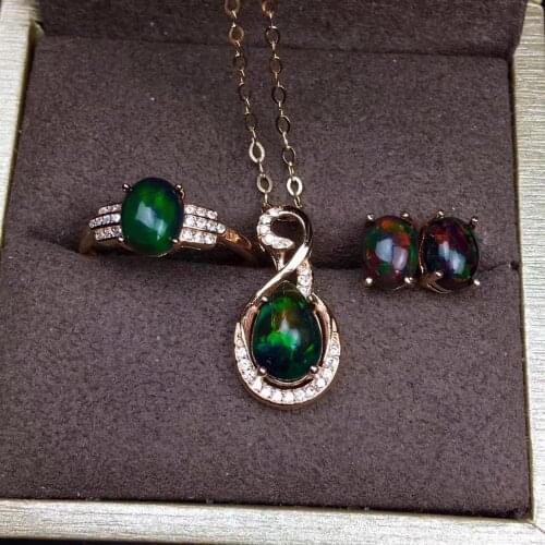 Black Opal Set Natural And Real Black Opal Jewelry set 925 sterling silver 1pc Ring,1pc Pendant,2pcs Earring