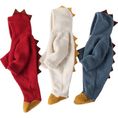 2020 Baby Romper Dinosaur Long Sleeve Hooded Jumpsuit Bodysuit for Girls Boys White/Red/Blue