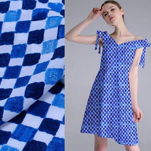 Geometric design blue and white gingham print silk Crepe DE chine fabric,SCDC762