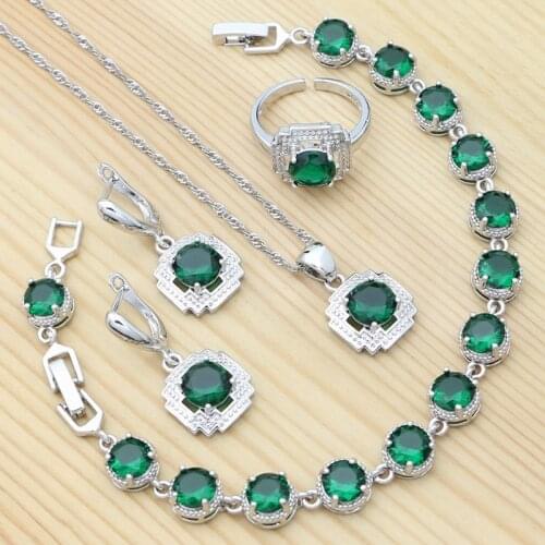 Emerald 925 Sterling Silver Hollow Jewelry Set for Women Drop Earrings Bracelet Open Ring Pendant Chain Silver Set