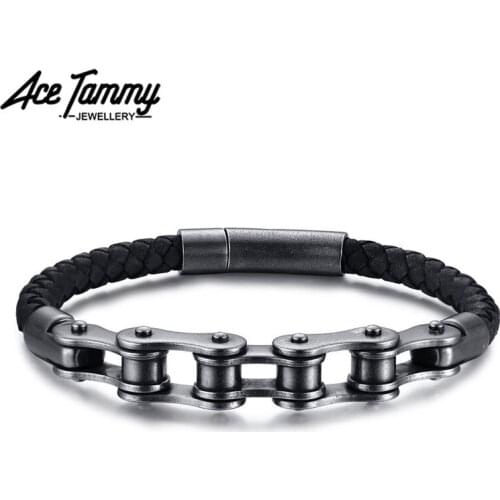Stainless Steel Bicycle Chain Leather American Style Black Mens Bracelet