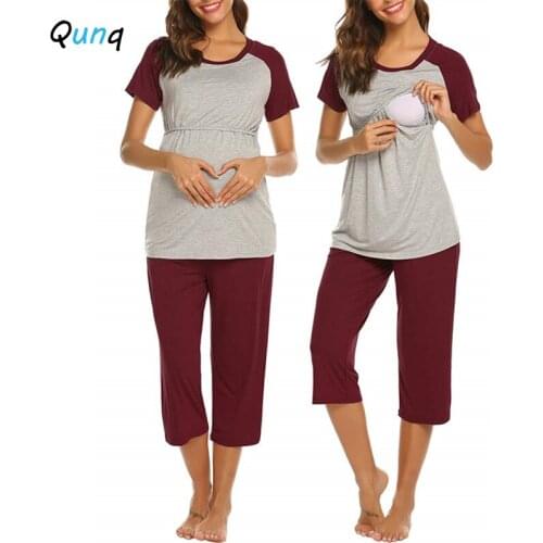 Qunq Summer Cotton Maternity Pajamas Set Nursing Breastfeeding T-shirt Pant 2pcs Pregnant Woman Clothing Maternity Sleepwear