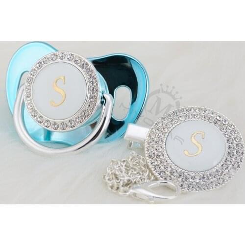 MIYOCAR name Initial letter S elegant silver collection bling pacifier and pacifier clip BPA free dummy bling SGS pass LS-1