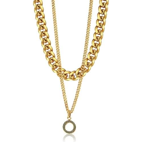 Multi Layered Gold Silver Color Stainless Steel Circle Charm Pendant Choker Necklace for Men Women Curb Cuban Box Link DTNM001