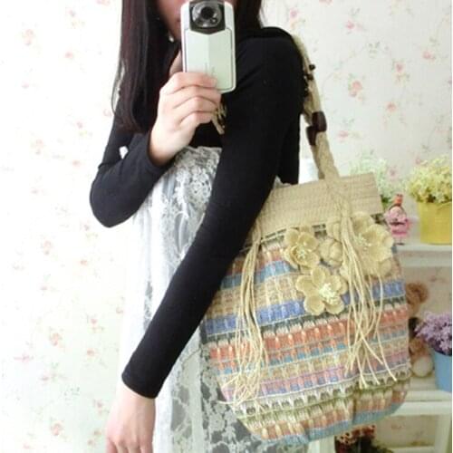 Fashion contrast flower simple trendy straw woven bag lady striped one-shoulder woven bags trendy beach travel handbag
