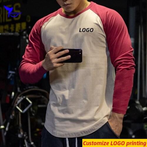 Summer Breathable Patchwork Cotton Running Shirt Men O-neck Raglan Long Sleeve T-Shirts Retro Gym Fitness Sportswear Tops Custom