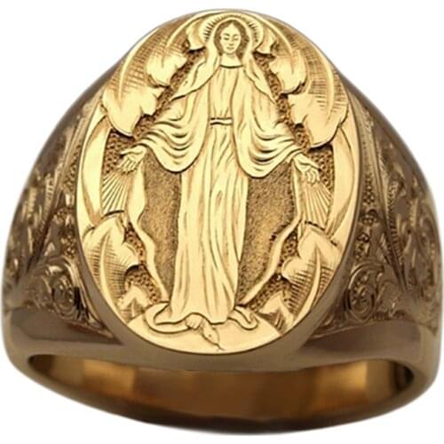 Vintege Punk Rings For Men Rock Virgin Mary Hand Engraving Memento Legend Myth Character Design Gold Color Retro Ring
