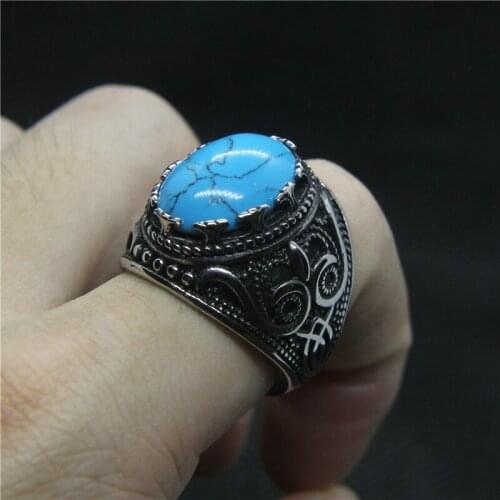 2020 Newest Flower Blue Stone Mens Ring 316L Stainless Steel Mens Ring Cool Stone Ring