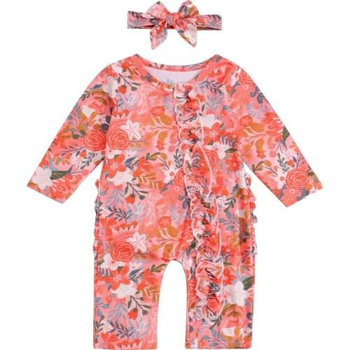 New Autumn Baby Girls Long Sleeve Jumpsuit Girl Floral Romper+Headwear Toddler Clothing Infant Rompers Kids Jumpsuits