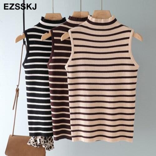 Autumn SPRING stripe sleeveless Sweater Pullovers Women casual 2020 turtleneck sexy female basic Sweater knit Jumpers top