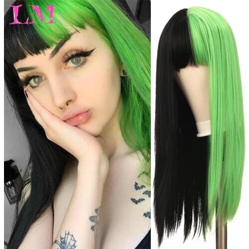 LiangMo Wig Female High Temperature Resistant Chemical Fiber Synthetic Mid-length Hair Bang Cosplay Black Long Straight Wig
