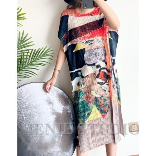 HOT SELLING Miyake new style pleated o-neck dress splice loose irregular Splash ink pattern dress IN STOCK