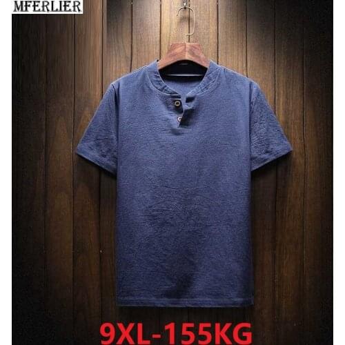 Plus size big Mens T-shirt Summer Linen Short Sleeve v-neck Tees 5XL 7XL 8XL 9XL vintage 150KG tshirt tops 54 56 58 60 62 64 66