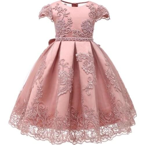 Customized Pink Baby Girl Dress Lace Pearls Puffy Tulle Girls Dresses Birthday Party Infant Clothes