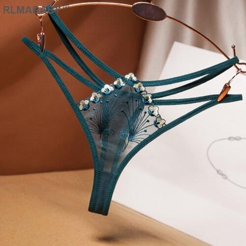 Sexy Elegant Embroidery Floral Transparent G-String Slim Low Waist Hollow Out Underwear Thong Fashion Lingerie Panties Briefs