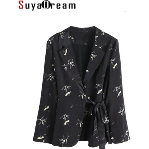 SuyaDream Women Black Blazer 100%Silk Crepe Long Sleeves Sashes Printed Blazers 2020 Fall Winter Black Jackets