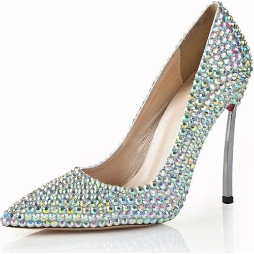 Womens High-heeled Single Shoes Colored Diamond Thin Heels Pointed Toe Handmade Wedding Shoes Shallow Night Party Pumps Elegant