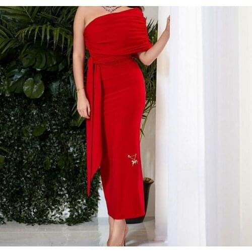 Vintage Long Red Satin Mermaid Evening Dresses with Bow Ankle Length Zipper Back Pleated Formal Party Gowns for Women