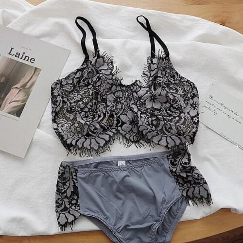 Wriufred Wide-brimmed lace ultra-thin steel ring bra panties set sexy fan no sponge chest display small underwear sets