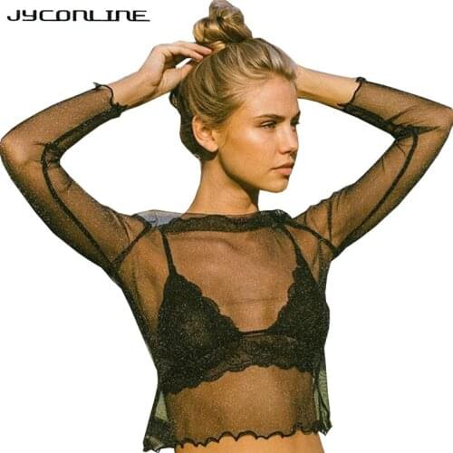 JYConline Long Sleeve Blouses Shirts Female Bling Shiny Women Blouse Short Tops Cropped Black White Sheer Shirts Women Cover Up