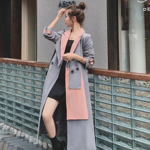 Womens Trench Coat 2021 Spring Autumn New Stitching Long Korean Loose Suit Collar Double Breasted Over-The-Knee Windbreaker PL1