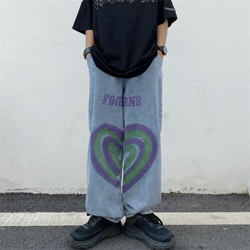 Autumn New Korean Version Of Washed Womens Jeans Harajuku INS Net Red Love Graffiti Print Hit Color Casual Loose Wide-Leg Pants