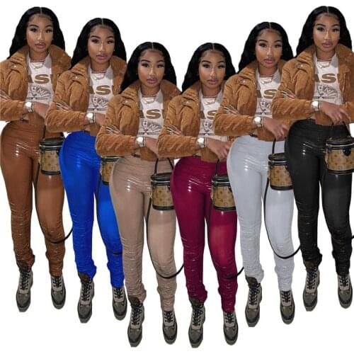 2021 Women Slim PU Leather Stacked Pants Stretchy Elastic High Waist Pleated Pencil Trousers Female Fashon Casual Leggings