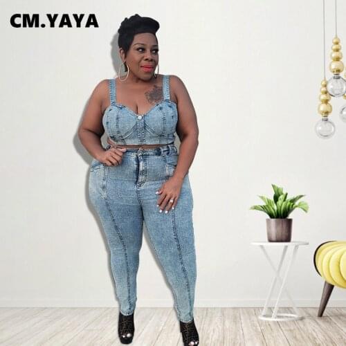 CM.YAYA Women Plus Size Set Denim Solid Sleeveless Single Breasted Crop Tops Zip Pants Two 2 Piece Sets Fashion Outfit Summer