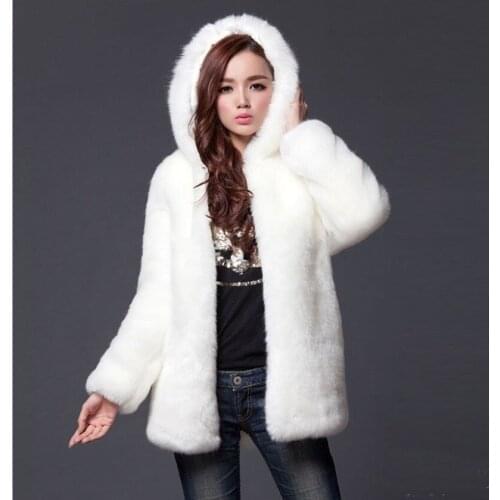 Womens pure color hooded leisure imitation rabbit fur coat new round collar warm loose coat rainbow fur coat faux fur trim