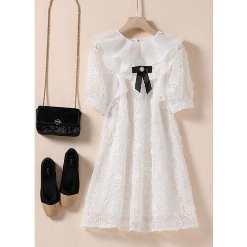 High Quality Summer Round Neck Bow Embroidered White Dress Vestidos Za Verano 2021 Waist Hugging A- Line Dress Women K9970