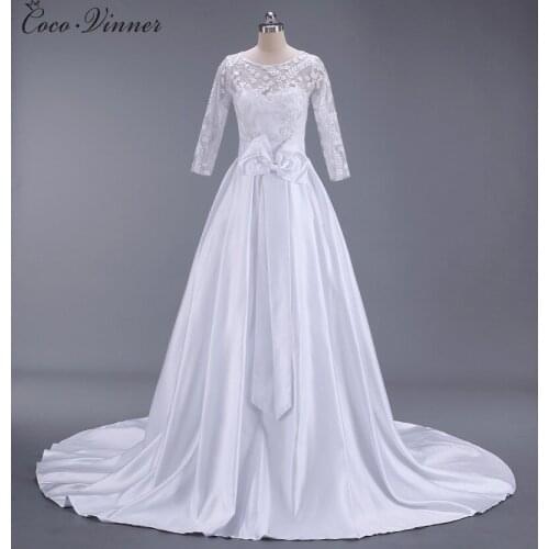 Court Train Europe Simple Satin Wedding Dress new long sleeve Pluse Size bow A line Vintage wedding Dresses W0137