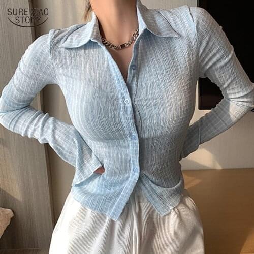 2021 Long-sleeved Fashion Sunscreen Shirt Women Autumn Youth Striped Chiffon Shirt Womens Trend Pretty Low-key Short Top 16029