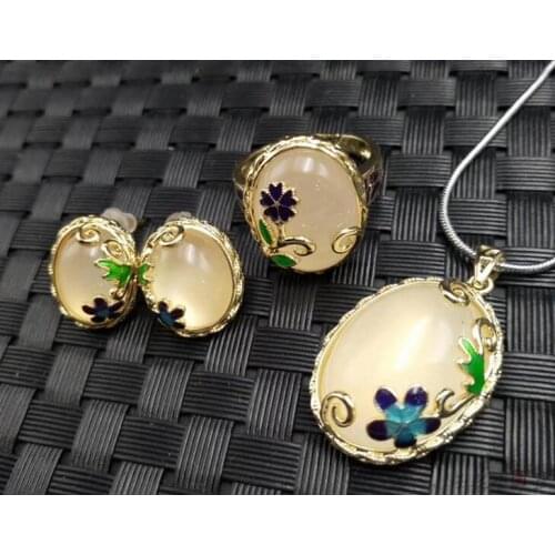 Natural chalcedony inlay suit S925 inlay pendants adjustable ring jewelry 3 pieces multiple styles