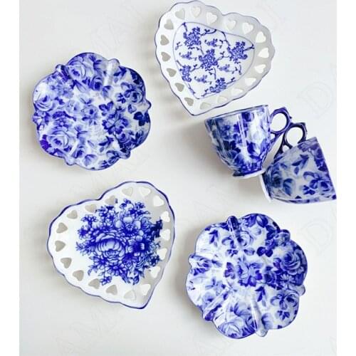 Hollow Out Ceramics Plate Blue and White Porcelain Cake Dessert Dish European Underglaze Color Afternoon Tea Cup and Saucer Set