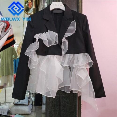 Irregular Net Yarn Spliced Blazer Jacket Women Streetwear Fashion Single Button Suit Jacket Women Spring Loose Chic Blazers Coat