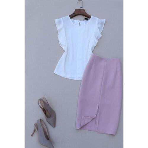 Elegant Office Lady Top and Skirt Fashion Clothing Set Chiffon Ruffles Sleeve Shirt and High Waist Skirt One Set