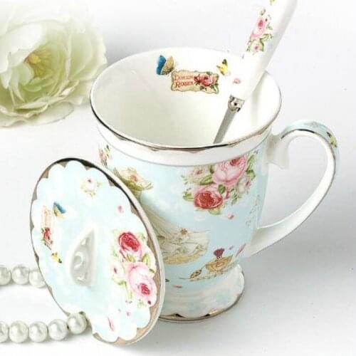 European creative pastoral mug with lid spoon ceramic cup bone china coffee cup water glass milk cup personality tea cup LB40114