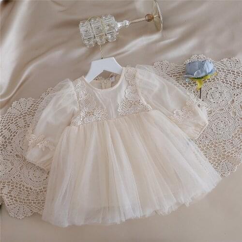 Ins Baby Girls Puff Sleeve Lace Dress Cristening Tutu Dress for Infant Toddler Baby Princess Clothing
