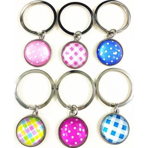 Jiangzimei 24pcs/lot (Mixed 12 styles)Rose,pink,blue dot, checker Glass cartoon key ring for Girls key chain wholesale