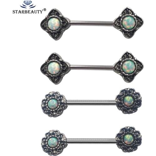 2Pcs Round Square Opal Gem Surgical Steel Nipple Barbell Rings Sheild CZ Gem Sexy Nipple Piercing Body Jewelry For Women