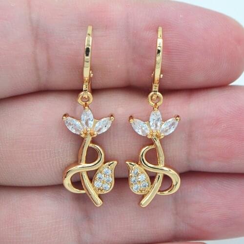 Fashion Jewelry Gold Color Clear Cubic Zirconia Flower Drop Earrings for Women