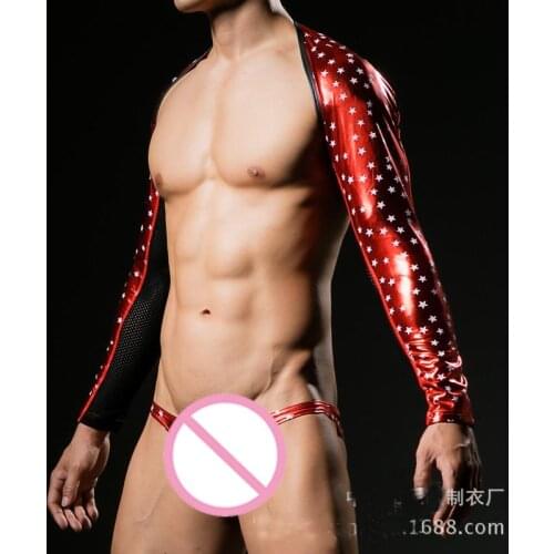 Men Faux Leather Sexy Vest DJ Wash Gold Stampa Backless Exposed Chest Top Sleevelet Glossy Gay Fetish Male Erotic Lingerie Muff