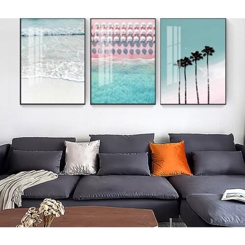Posters And Prints Wall Pictures For Living Room Decor Coconut Palm Tree Pink Beach Sea Umbrella Wall Art Canvas Painting Nordic