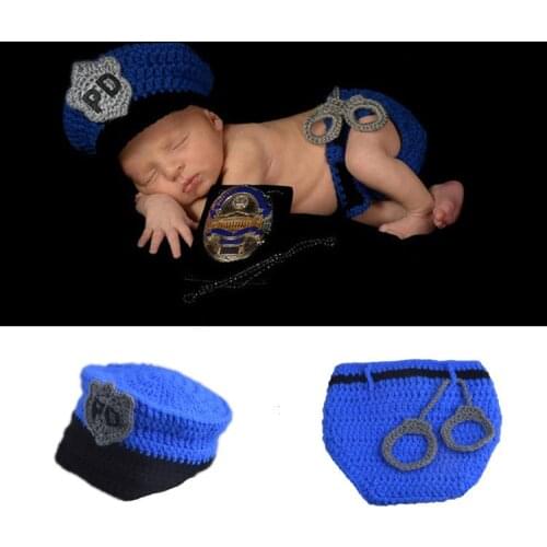 2019 New Top Sale Police Design Newborn Photography Props Handmade Policeman Crochet Baby Hat Diaper Set Infant Costume Outfit